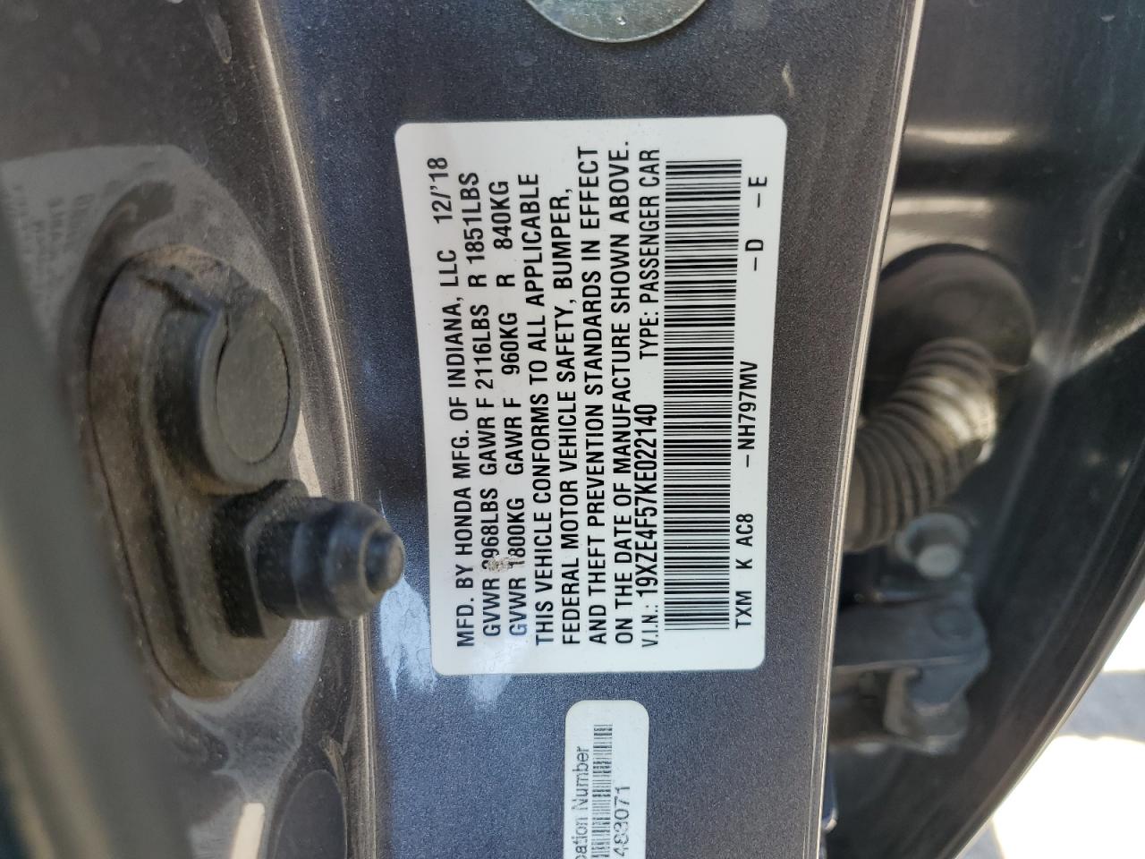 19XZE4F57KE022140 2019 Honda Insight Ex