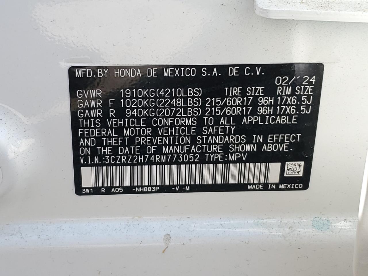 2024 Honda Hr-V Exl VIN: 3CZRZ2H74RM773052 Lot: 75499064