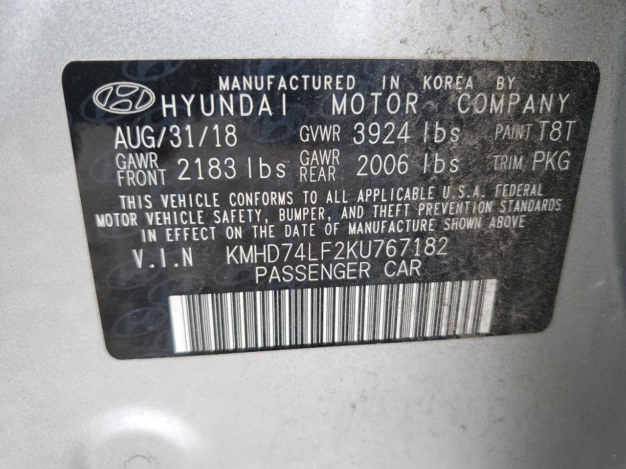 KMHD74LF2KU767182 2019 Hyundai Elantra Se