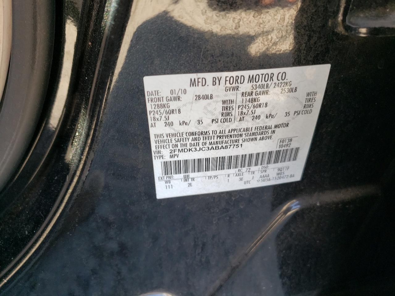 2010 Ford Edge Sel VIN: 2FMDK3JC3ABA87751 Lot: 76343844