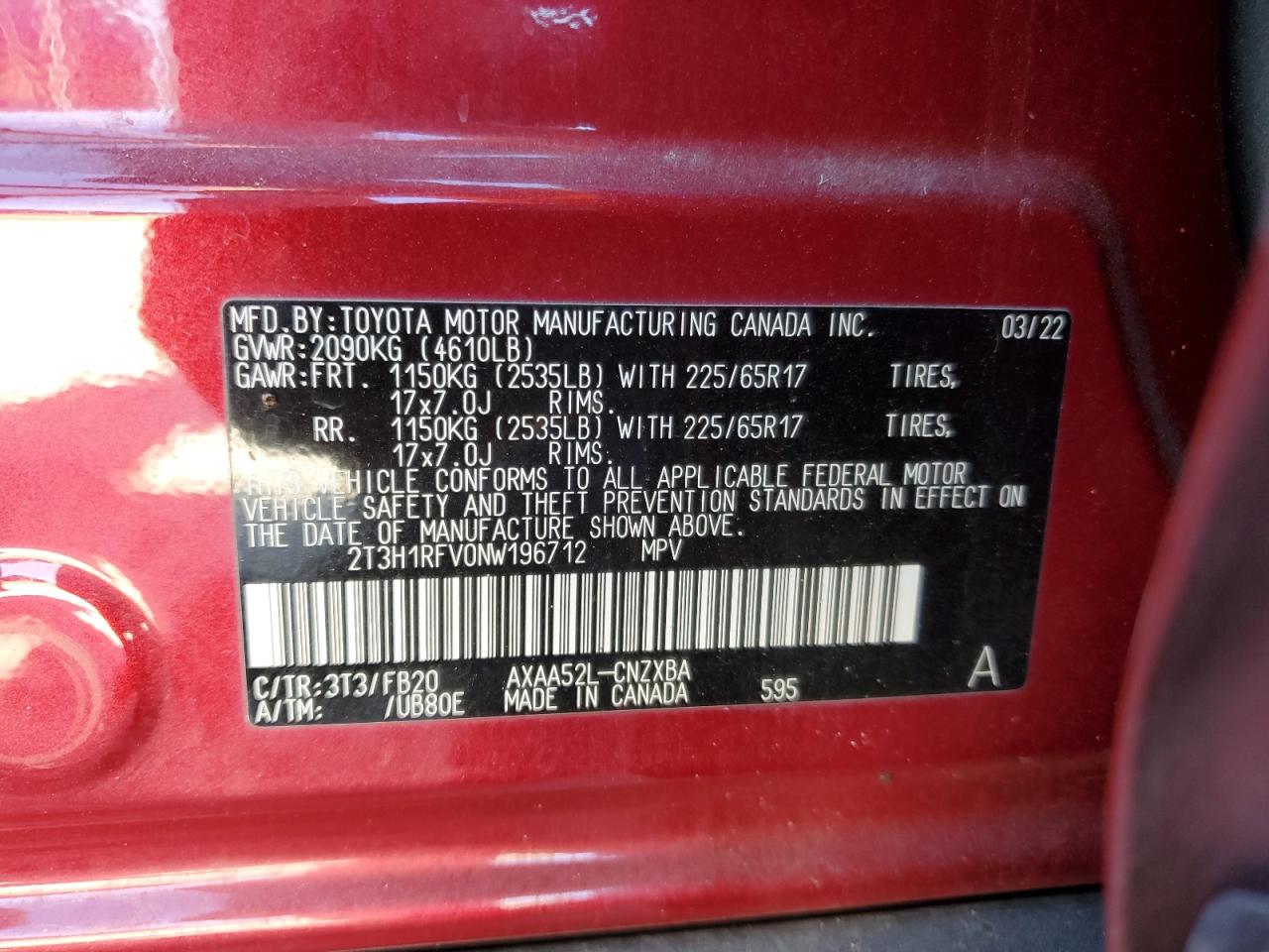 2022 Toyota Rav4 Le VIN: 2T3H1RFV0NW196712 Lot: 75426464