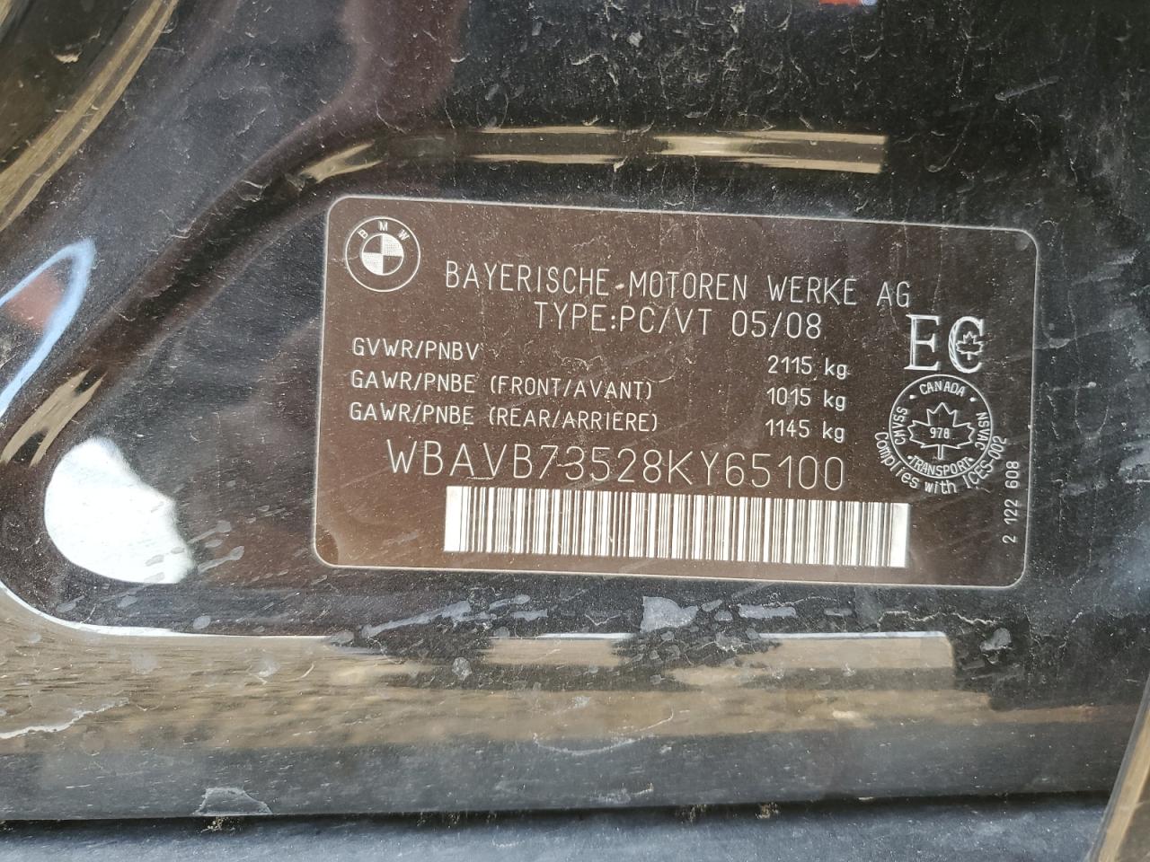 2008 BMW 335 I VIN: WBAVB73528KY65100 Lot: 76027744