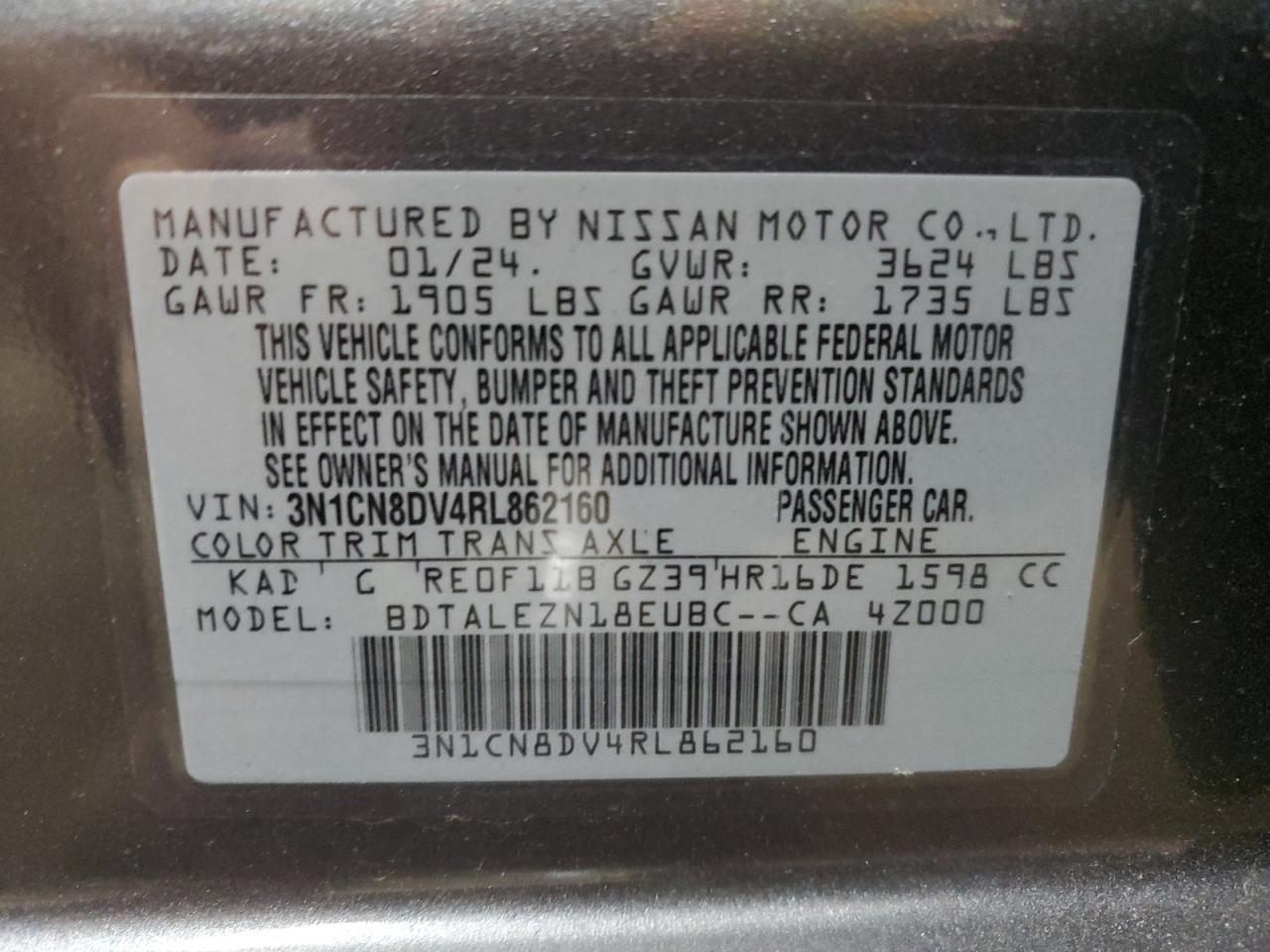 3N1CN8DV4RL862160 2024 Nissan Versa S