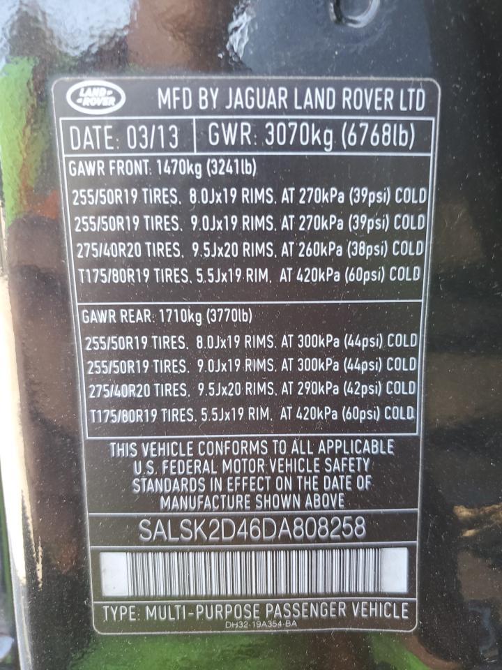 2013 Land Rover Range Rover Sport Hse Luxury VIN: SALSK2D46DA808258 Lot: 72470644