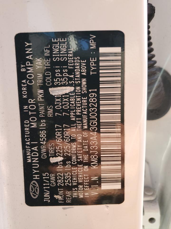 2016 Hyundai Tucson Limited VIN: KM8J33A43GU032891 Lot: 75390574