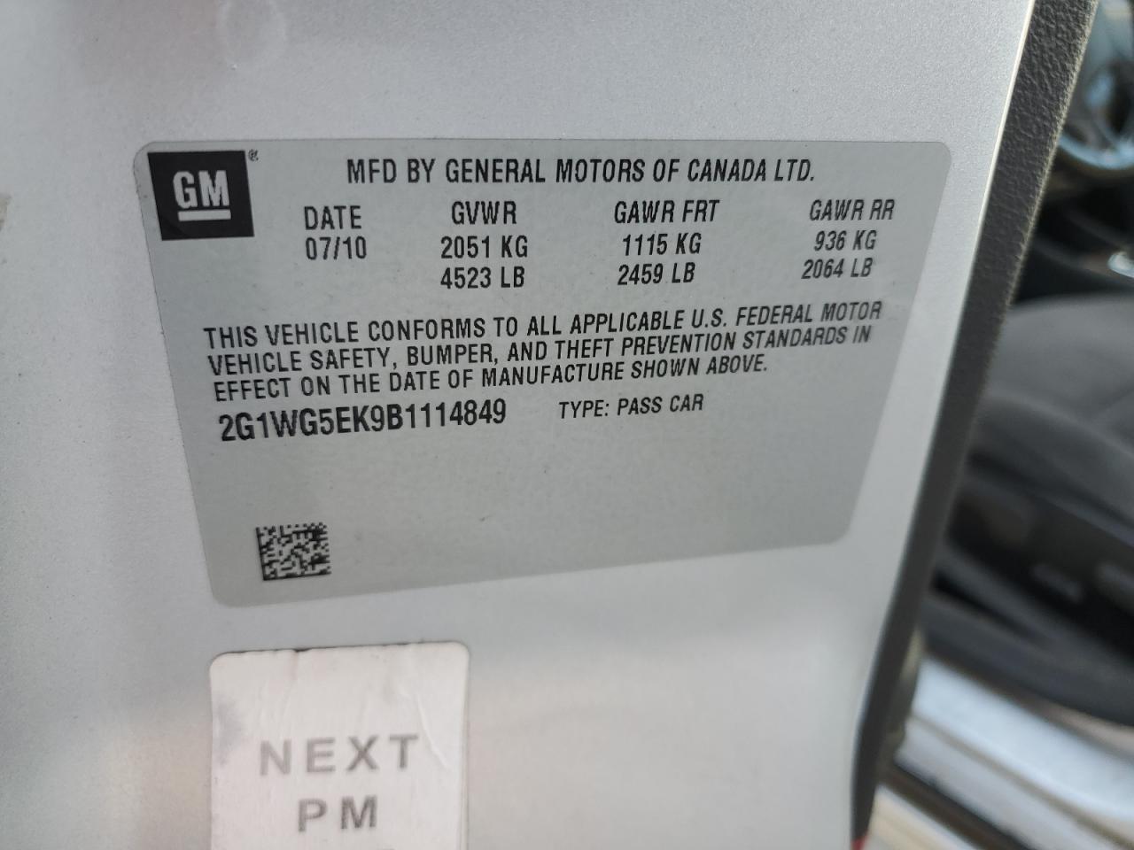 2G1WG5EK9B1114849 2011 Chevrolet Impala Lt