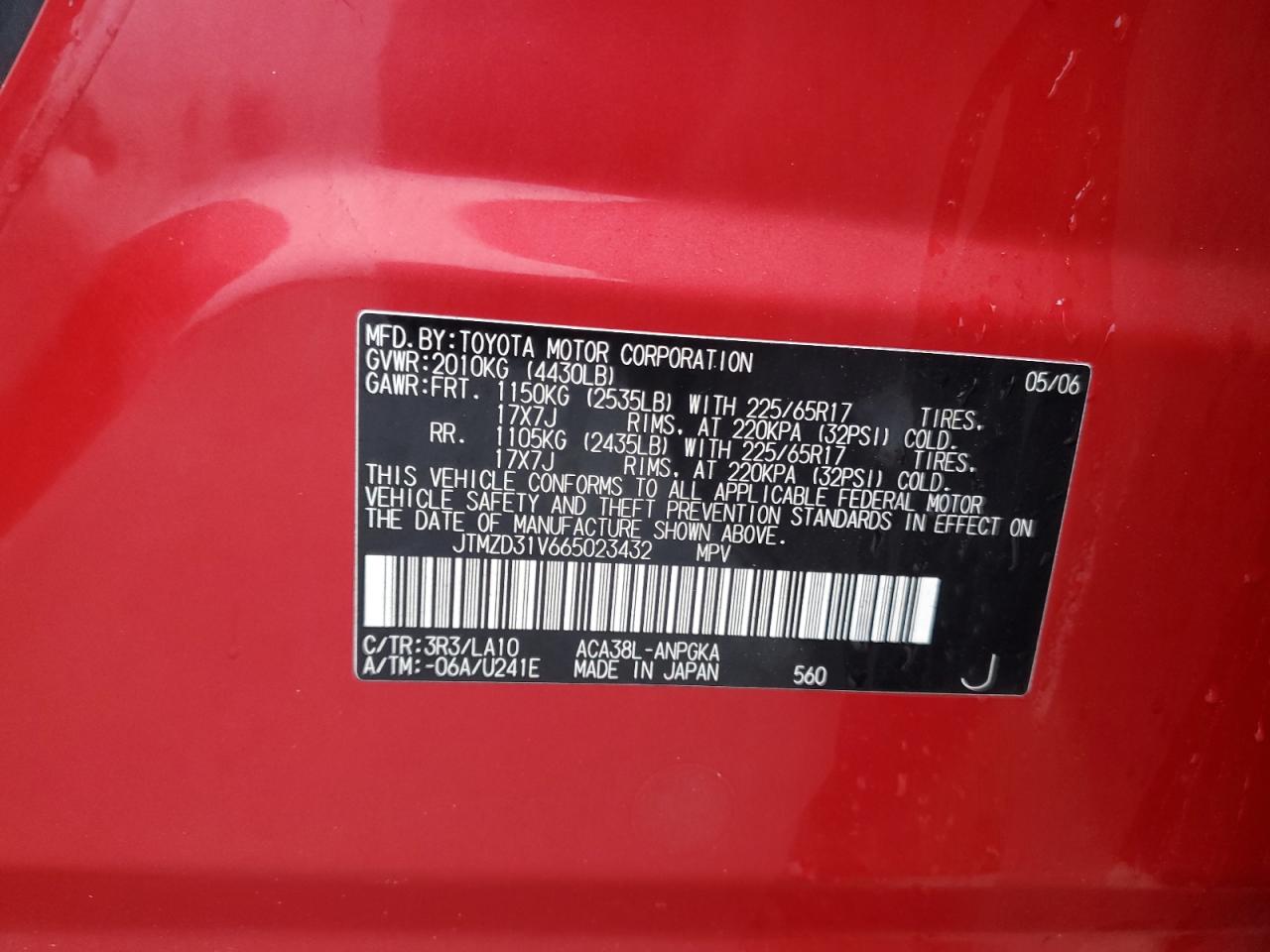 JTMZD31V665023432 2006 Toyota Rav4 Limited