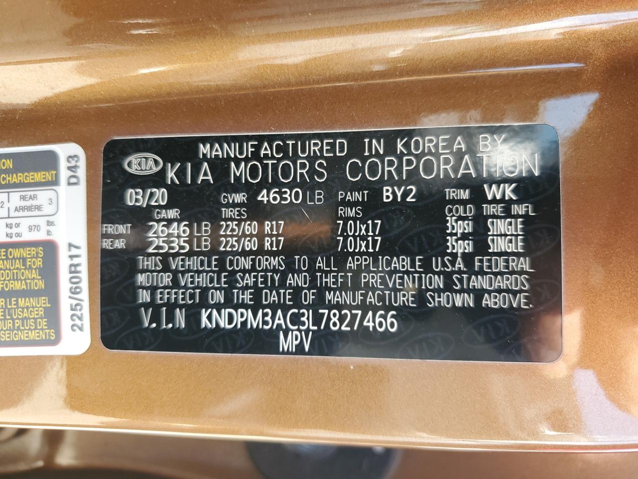 KNDPM3AC3L7827466 2020 Kia Sportage Lx