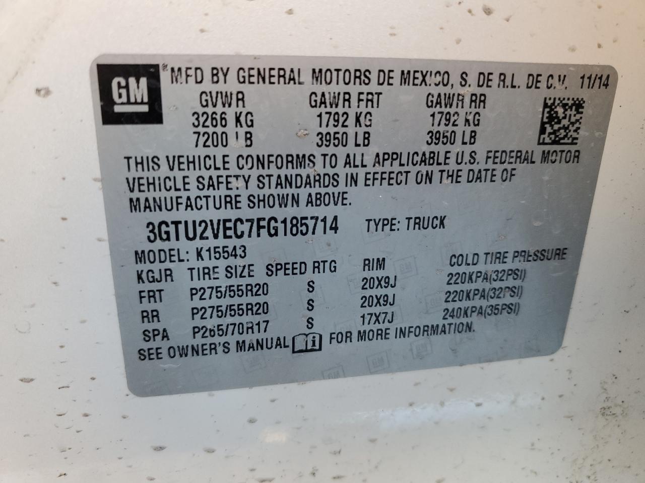 3GTU2VEC7FG185714 2015 GMC Sierra K1500 Slt