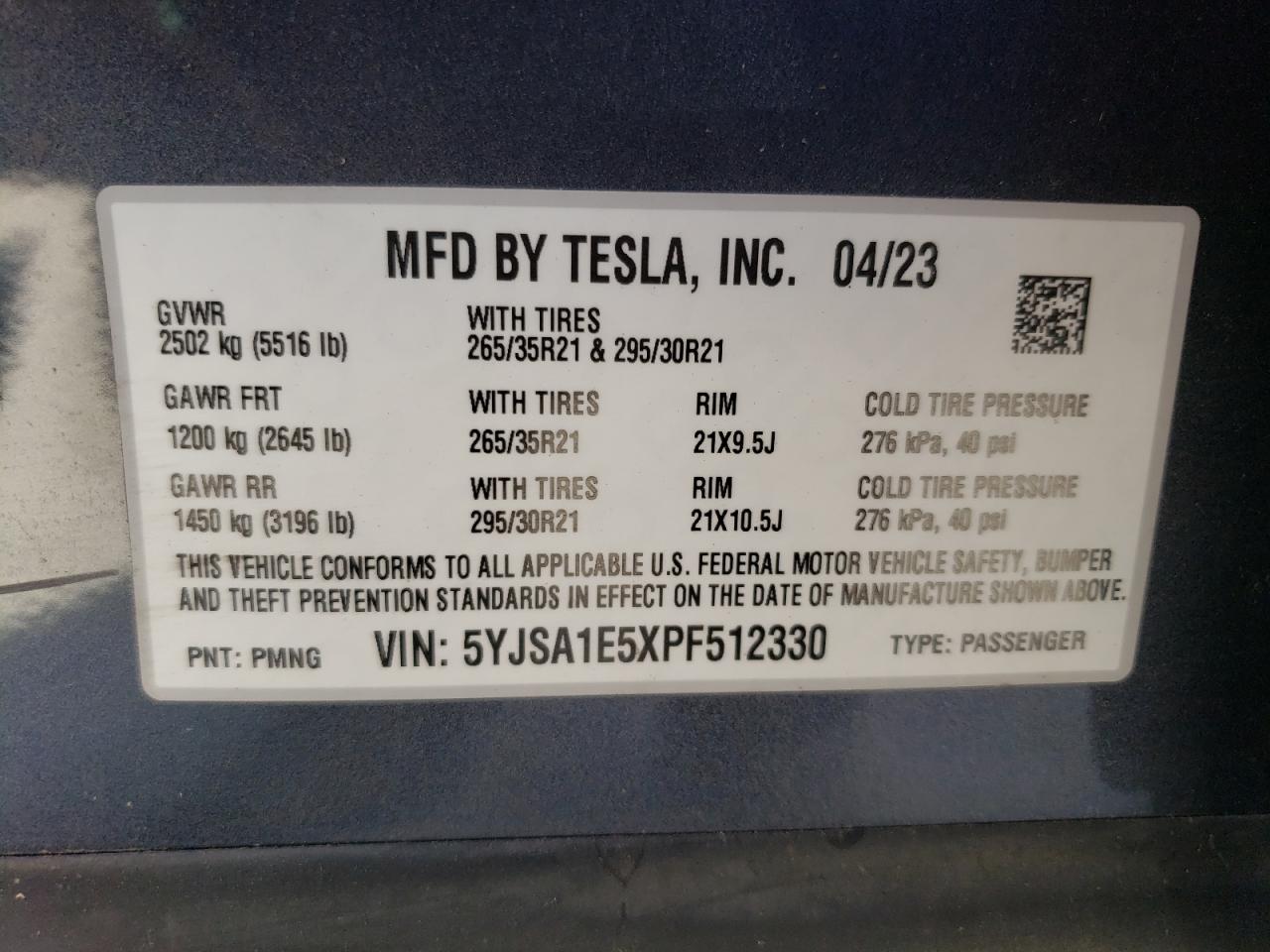 5YJSA1E5XPF512330 2023 Tesla Model S