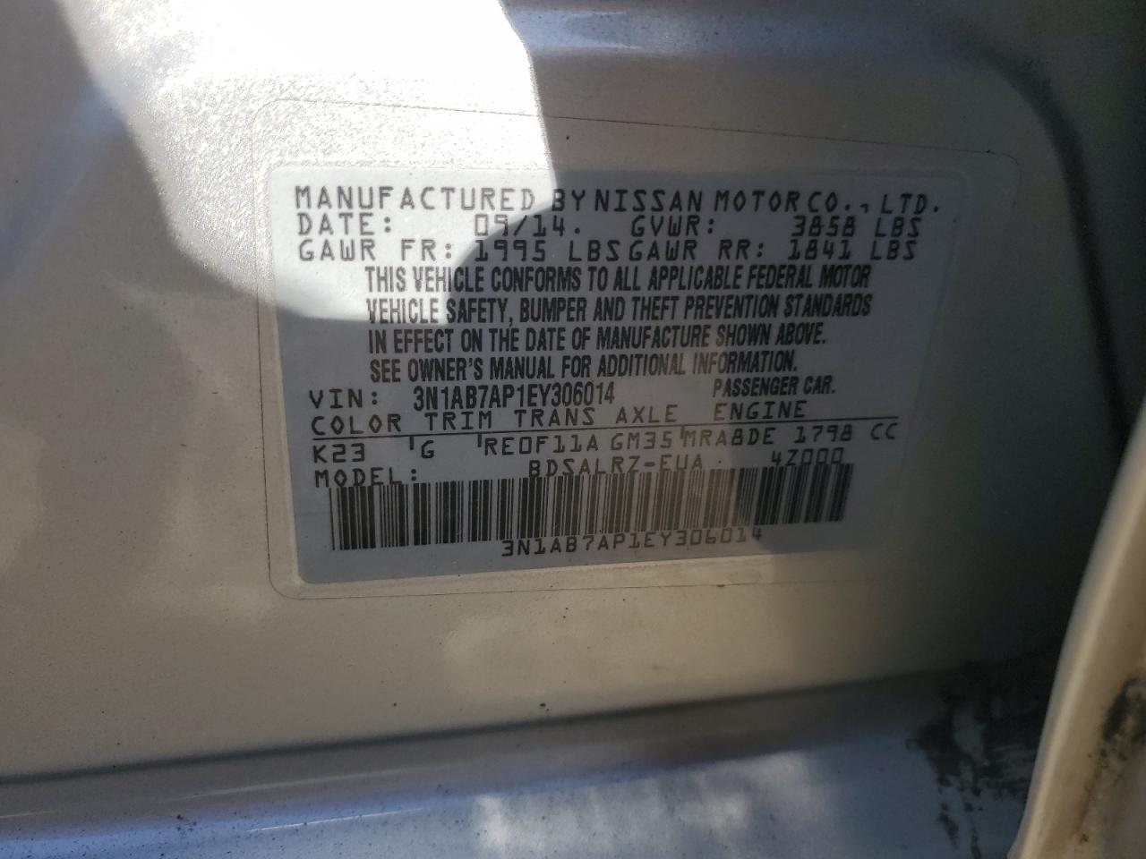 3N1AB7AP1EY306014 2014 Nissan Sentra S