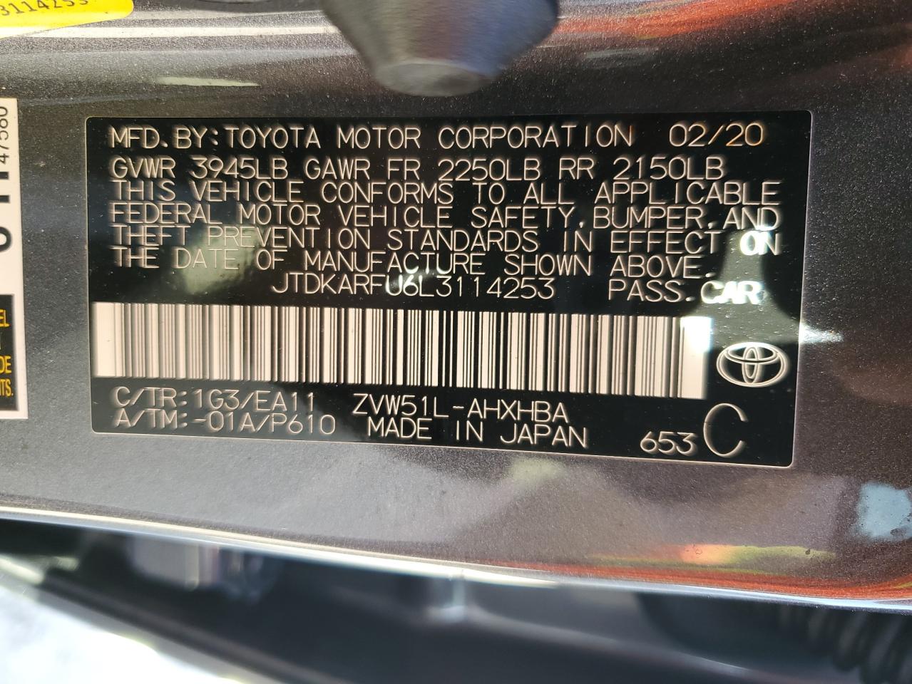 2020 Toyota Prius L VIN: JTDKARFU6L3114253 Lot: 76174694