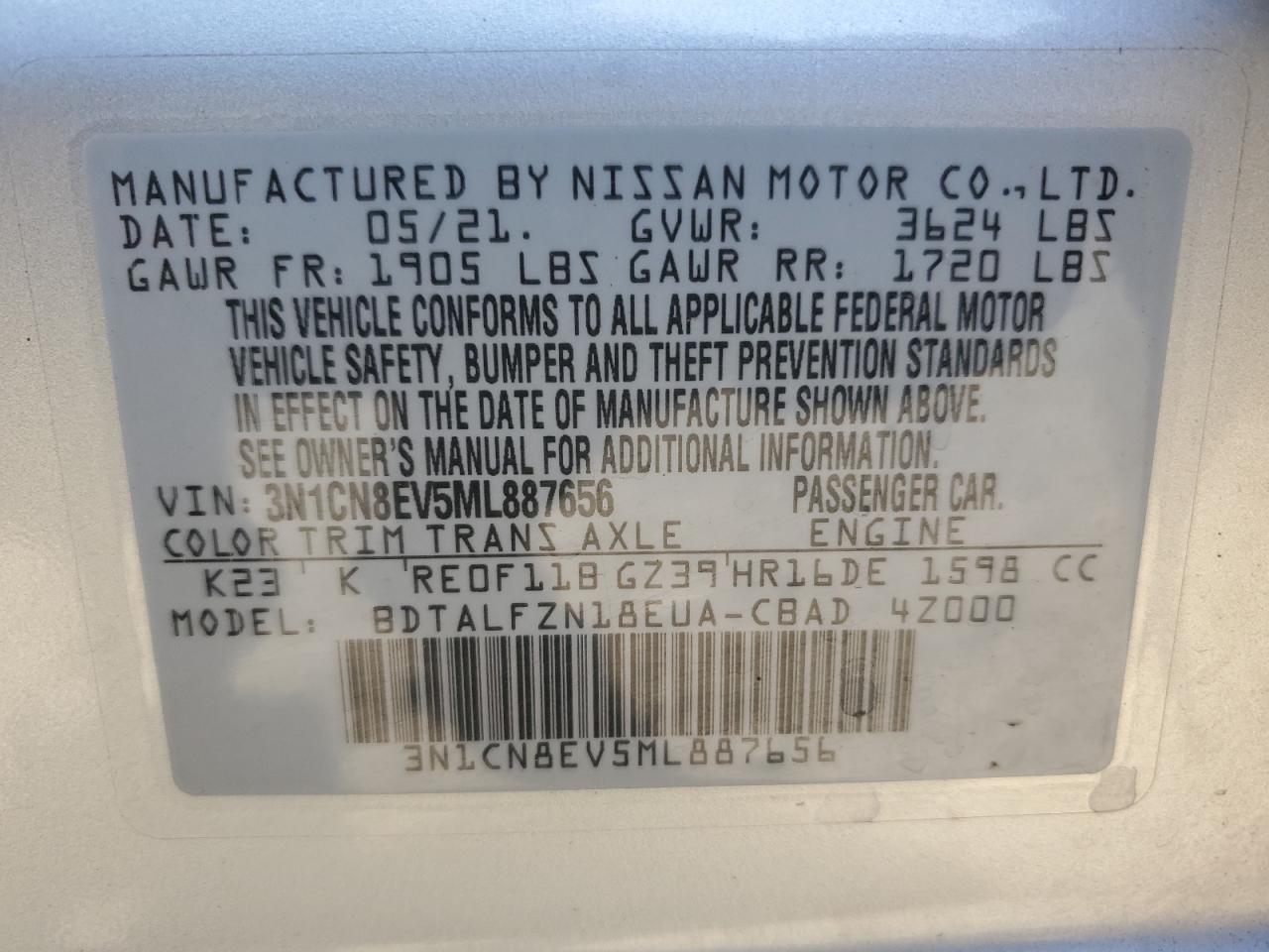 2021 Nissan Versa Sv VIN: 3N1CN8EV5ML887656 Lot: 78450174