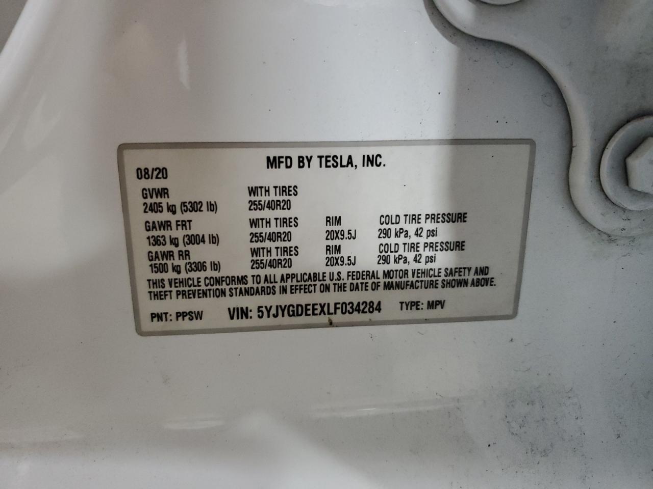 2020 Tesla Model Y VIN: 5YJYGDEEXLF034284 Lot: 76489574