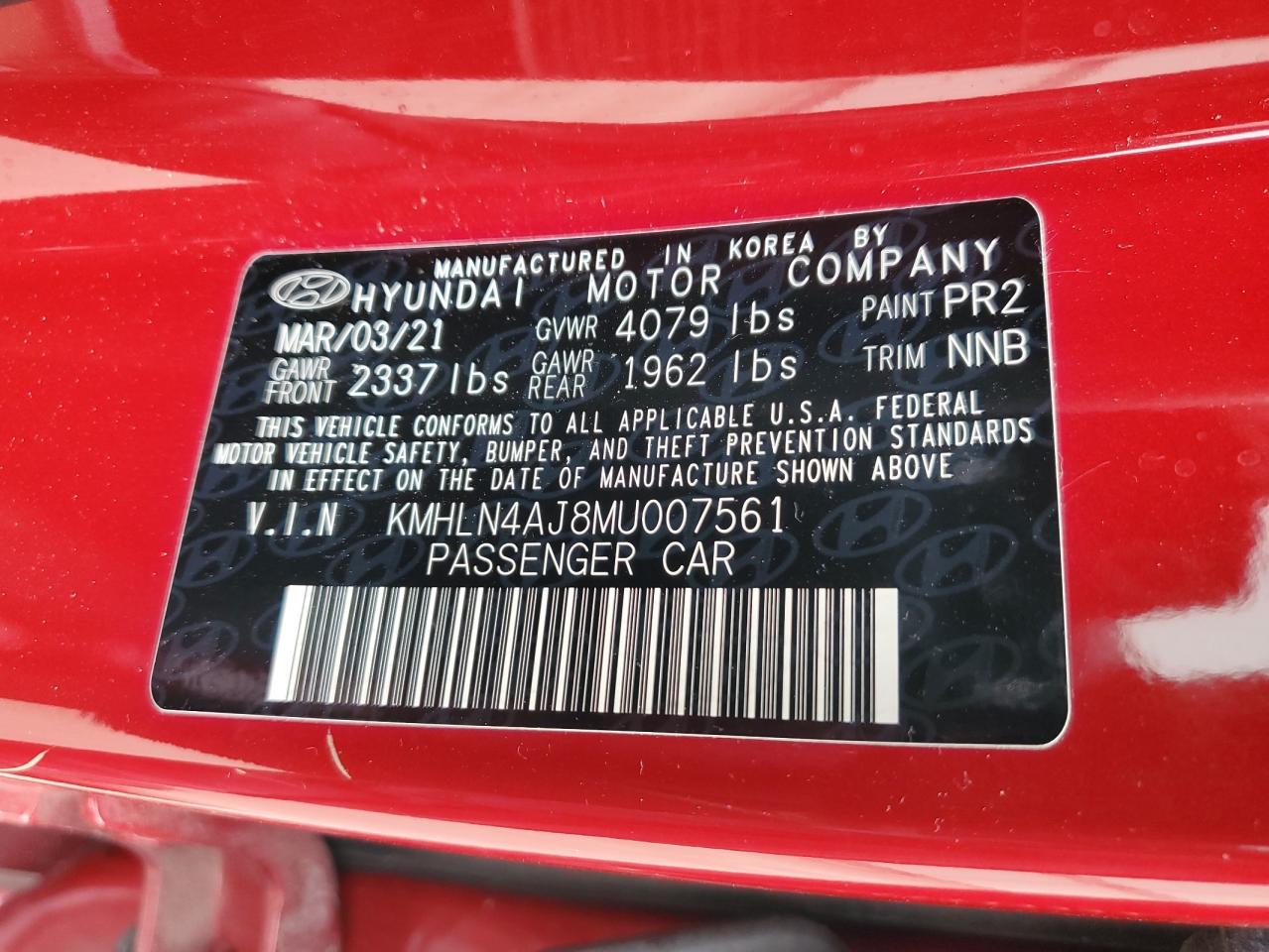 2021 Hyundai Elantra Limited VIN: KMHLN4AJ8MU007561 Lot: 73351944