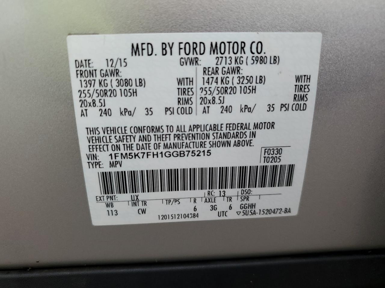 2016 Ford Explorer Limited VIN: 1FM5K7FH1GGB75215 Lot: 74145394