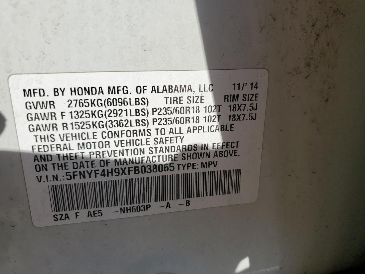 5FNYF4H9XFB038065 2015 Honda Pilot Touring