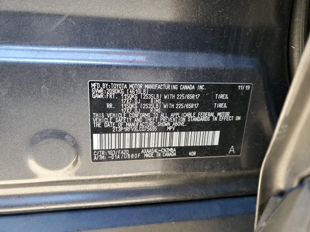 2T3P1RFVXLC075695 2020 Toyota Rav4 Xle