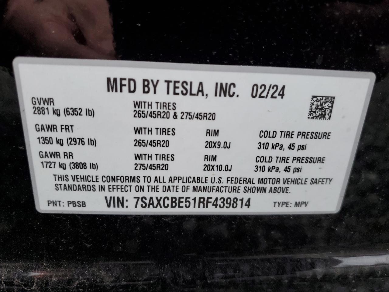 2024 Tesla Model X VIN: 7SAXCBE51RF439814 Lot: 78690614