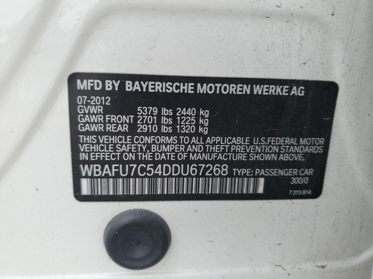 2013 BMW 535 Xi VIN: WBAFU7C54DDU67268 Lot: 74243294