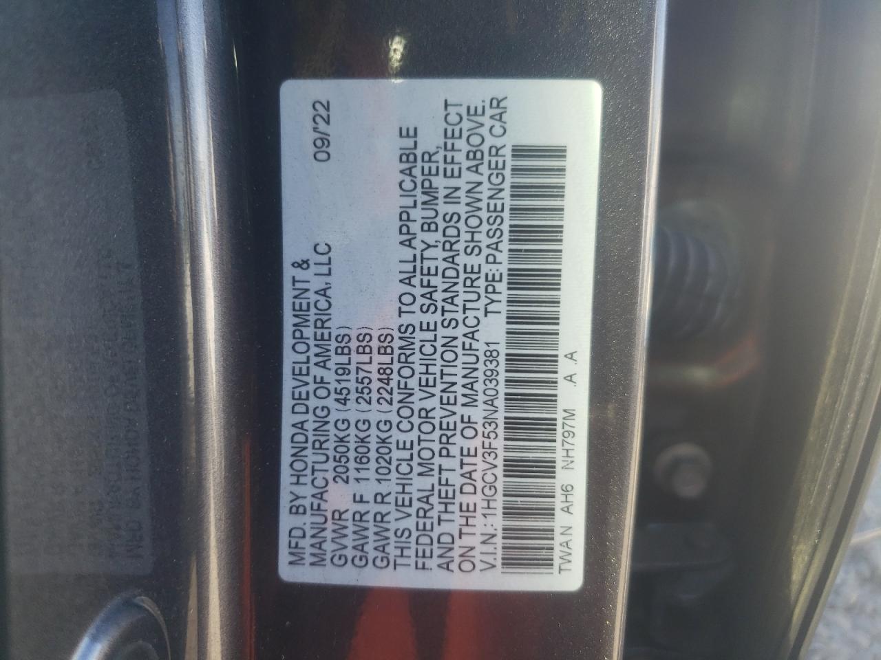 VIN 1HGCV3F53NA039381 2022 HONDA ACCORD no.12