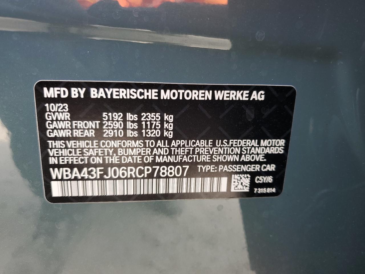 2024 BMW 530 I VIN: WBA43FJ06RCP78807 Lot: 76187984