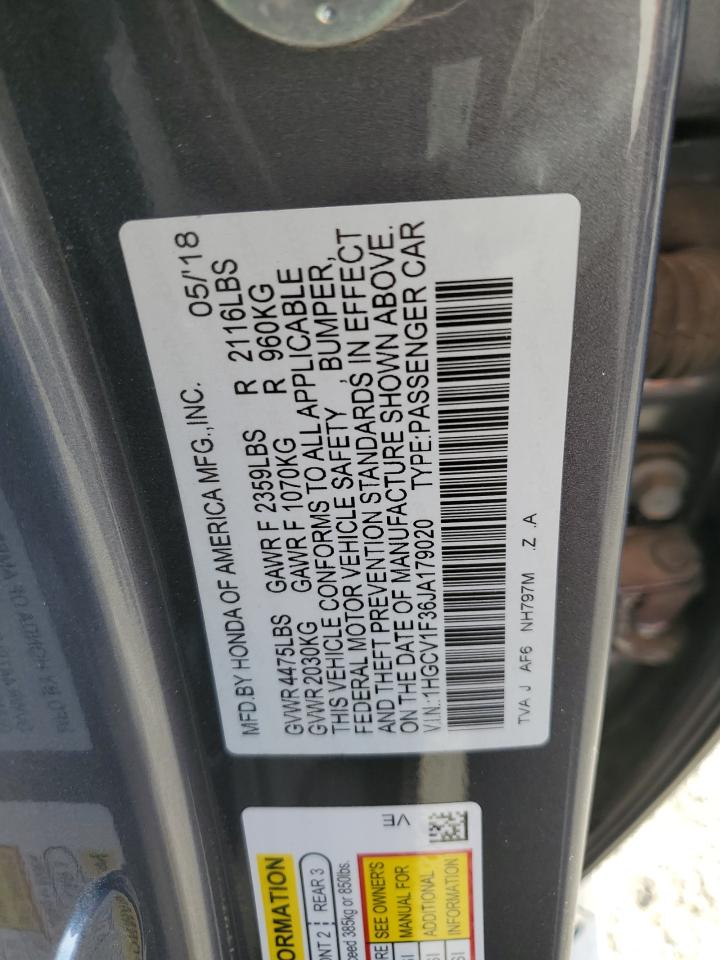 VIN 1HGCV1F36JA179020 2018 HONDA ACCORD no.12