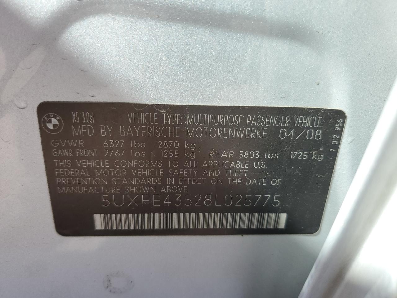 5UXFE43528L025775 2008 BMW X5 3.0I