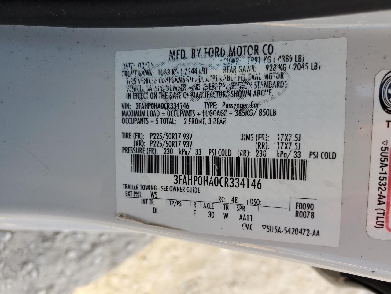 2012 Ford Fusion Se VIN: 3FAHP0HA0CR334146 Lot: 78536904