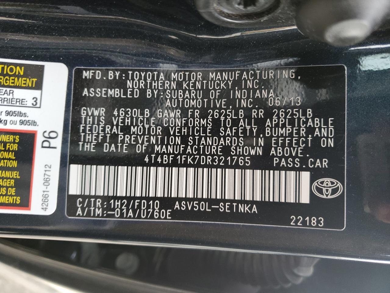 VIN 4T4BF1FK7DR321765 2013 TOYOTA CAMRY no.13