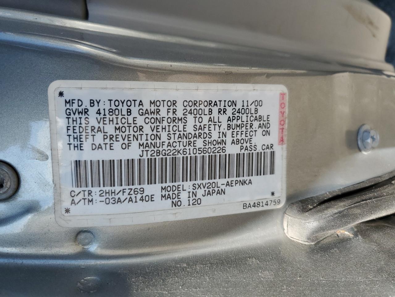 JT2BG22K610560226 2001 Toyota Camry Ce