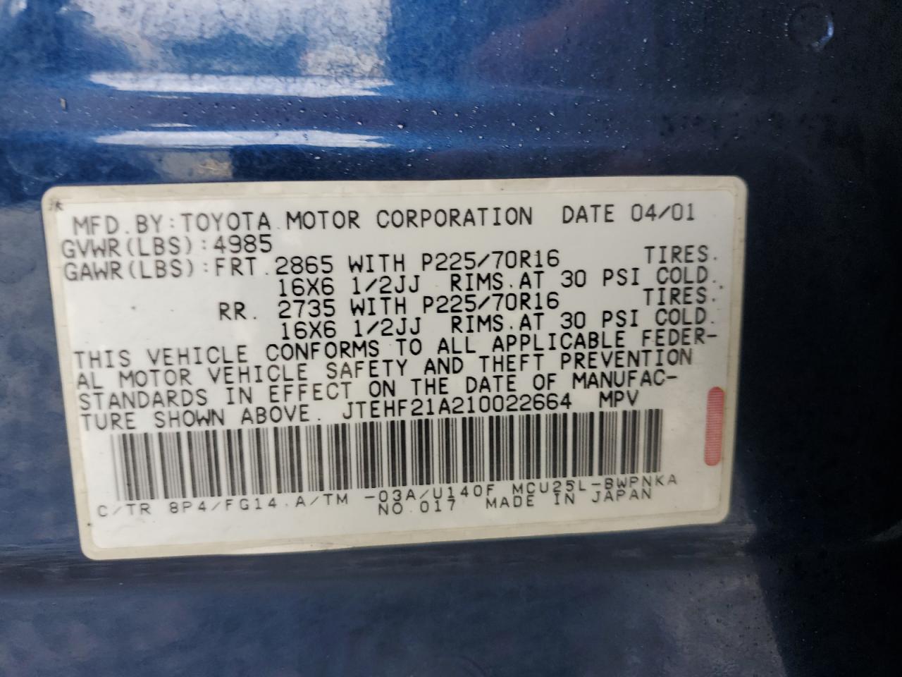 JTEHF21A210022664 2001 Toyota Highlander