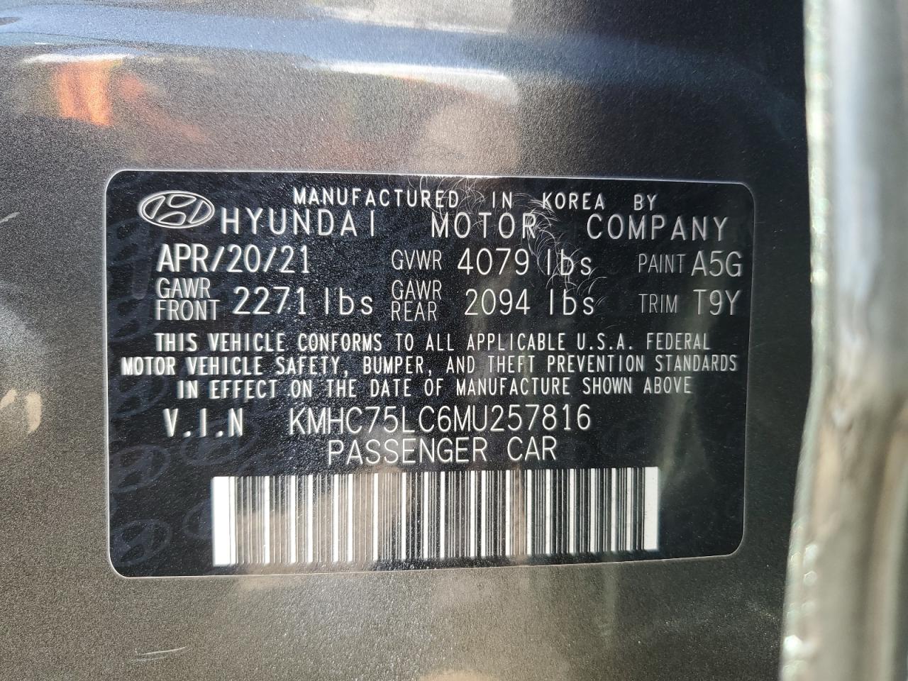 KMHC75LC6MU257816 2021 Hyundai Ioniq Se