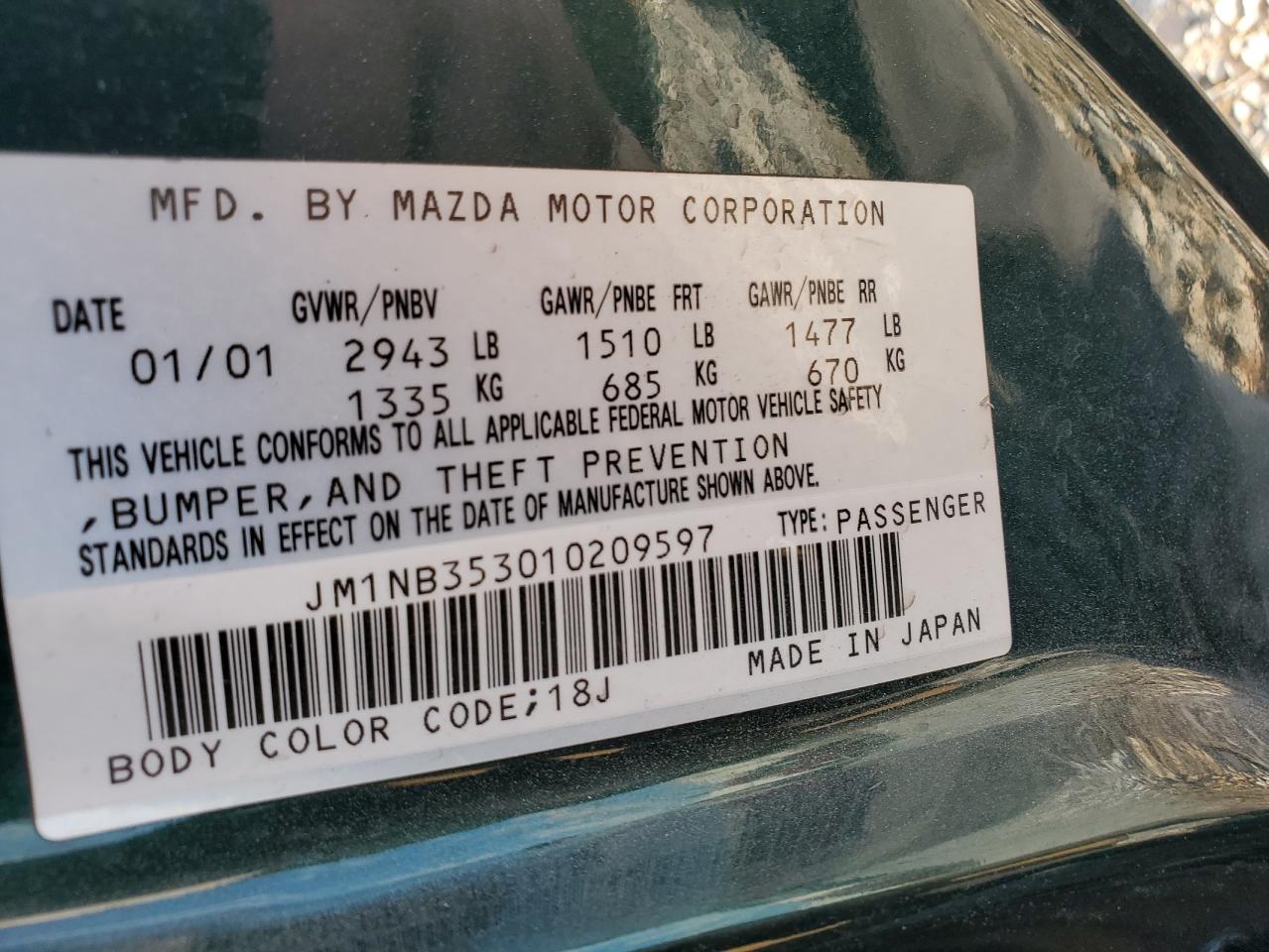 2001 Mazda Mx-5 Miata Base VIN: JM1NB353010209597 Lot: 76265774