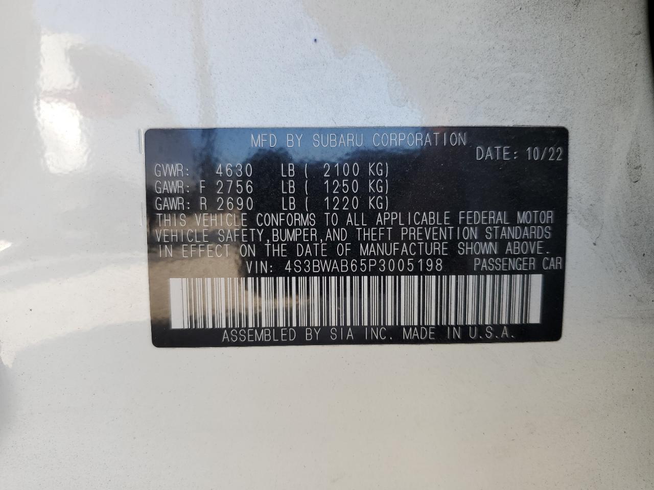 VIN 4S3BWAB65P3005198 2023 SUBARU LEGACY no.12