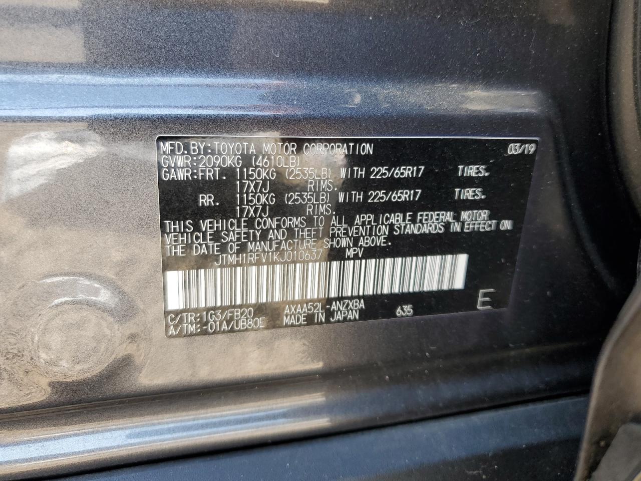 JTMH1RFV1KJ010637 2019 Toyota Rav4 Le