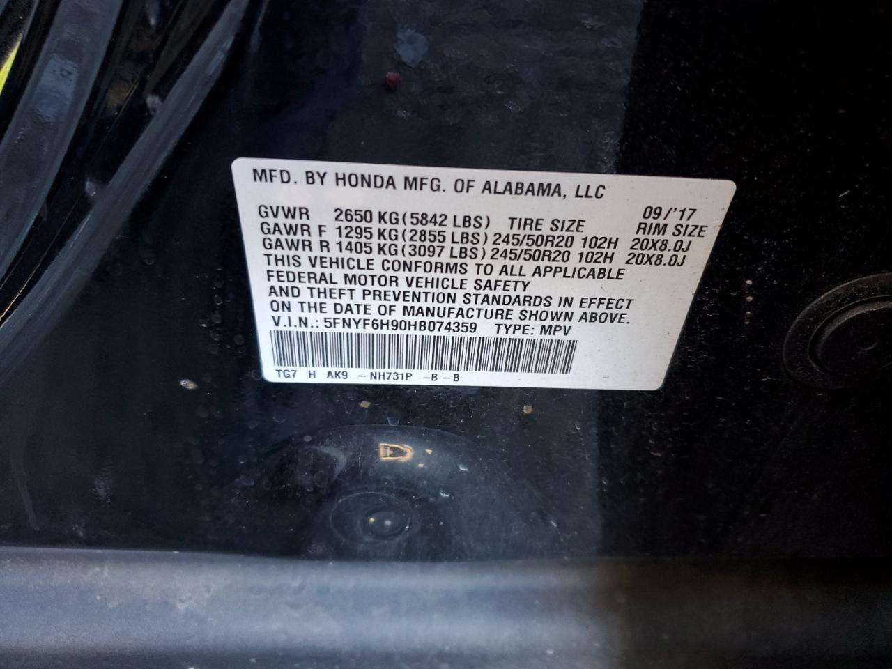 5FNYF6H90HB074359 2017 Honda Pilot Touring