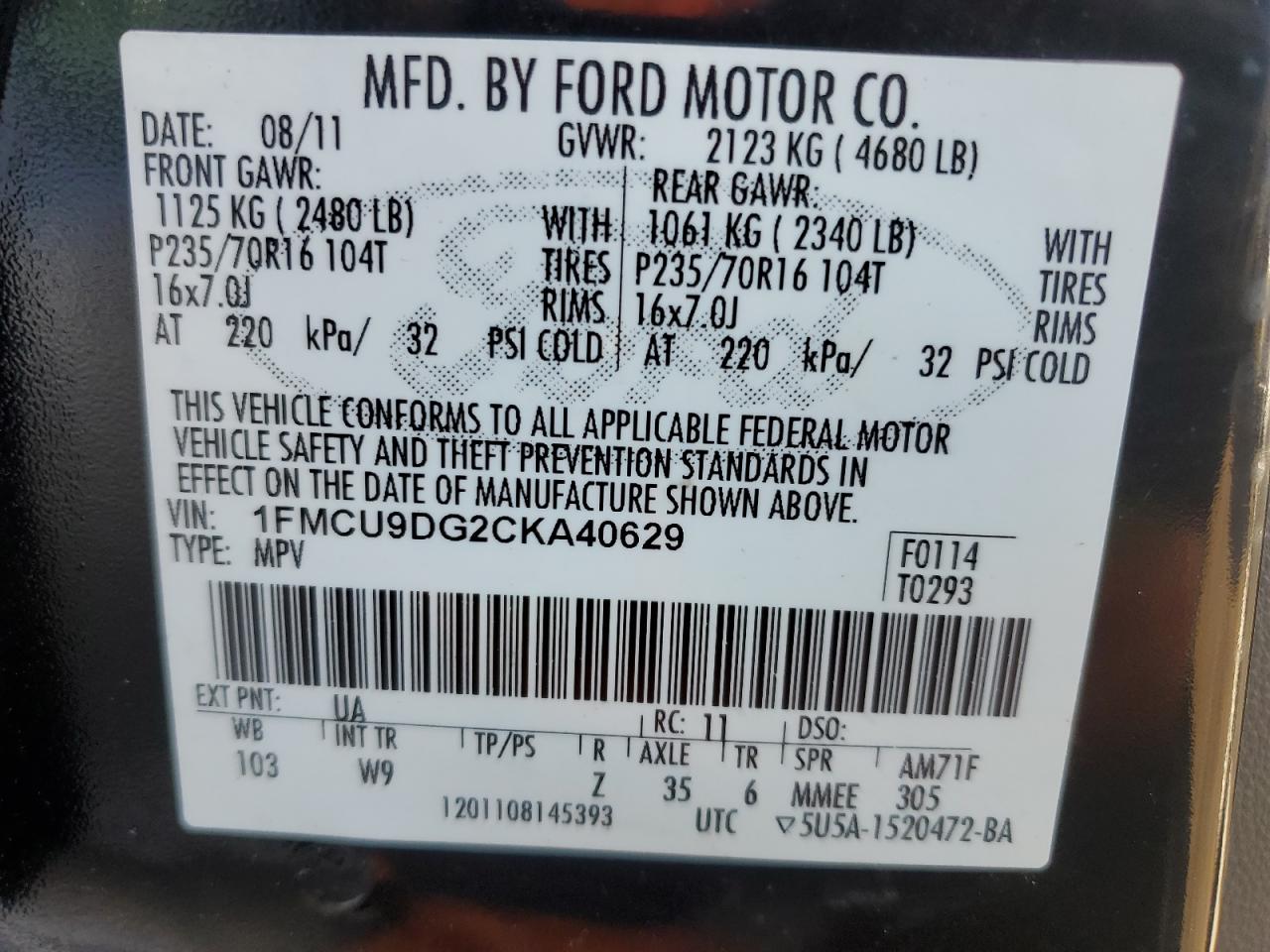 1FMCU9DG2CKA40629 2012 Ford Escape Xlt