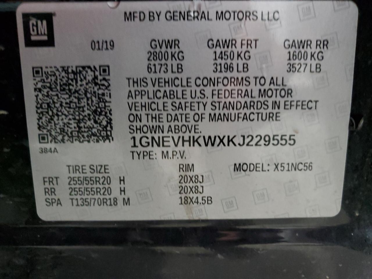 1GNEVHKWXKJ229555 2019 Chevrolet Traverse Lt