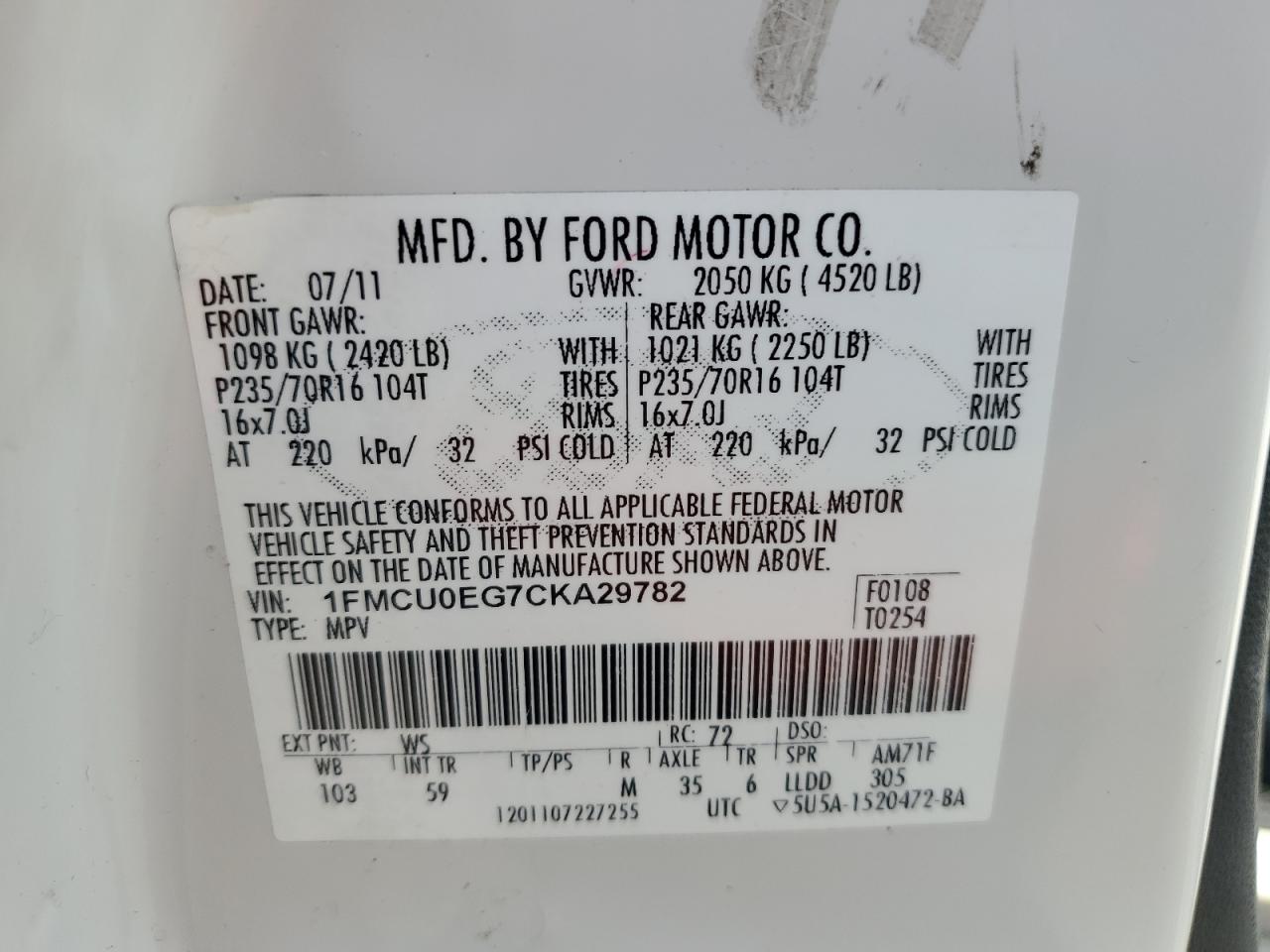 1FMCU0EG7CKA29782 2012 Ford Escape Limited