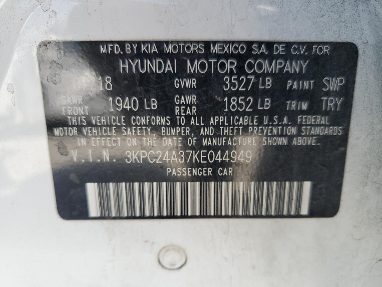 3KPC24A37KE044949 2019 Hyundai Accent Se