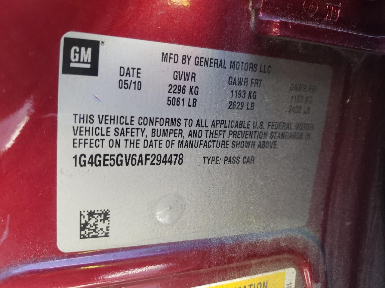 1G4GE5GV6AF294478 2010 Buick Lacrosse Cxs