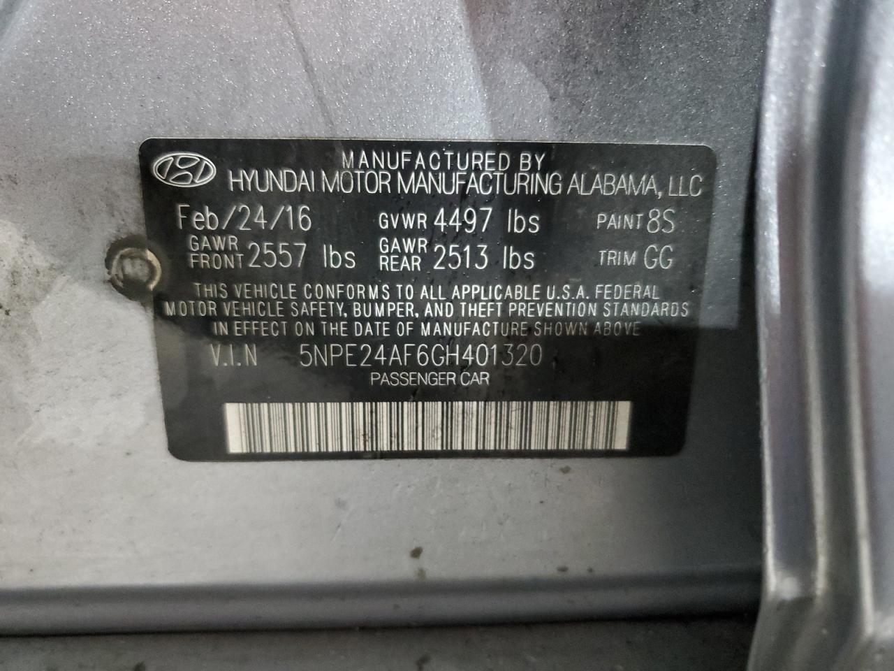 VIN 5NPE24AF6GH401320 2016 HYUNDAI SONATA no.12