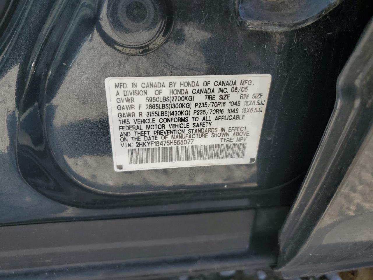 2005 Honda Pilot Ex VIN: 2HKYF18475H565077 Lot: 74334184