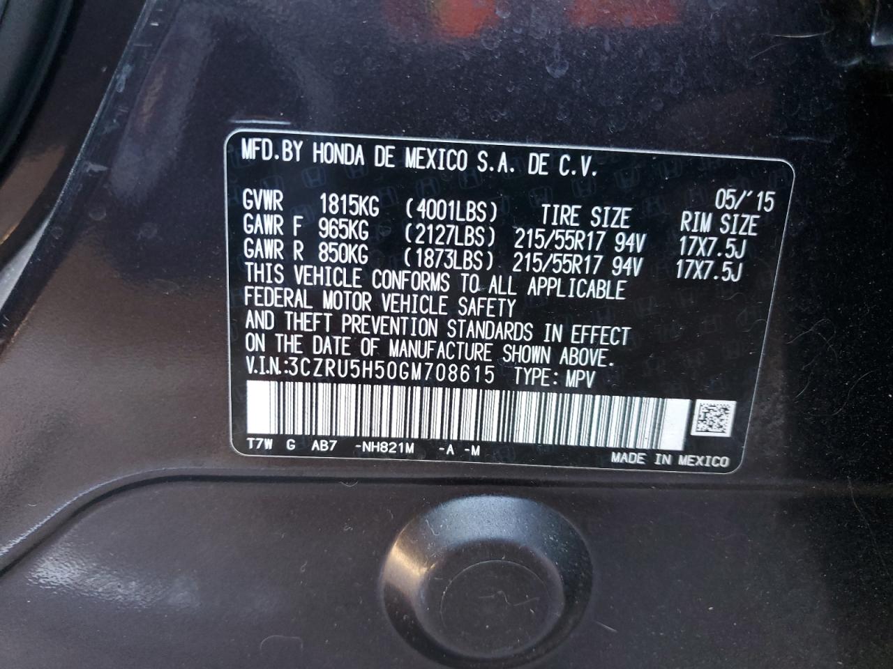 2016 Honda Hr-V Ex VIN: 3CZRU5H50GM708615 Lot: 76339684