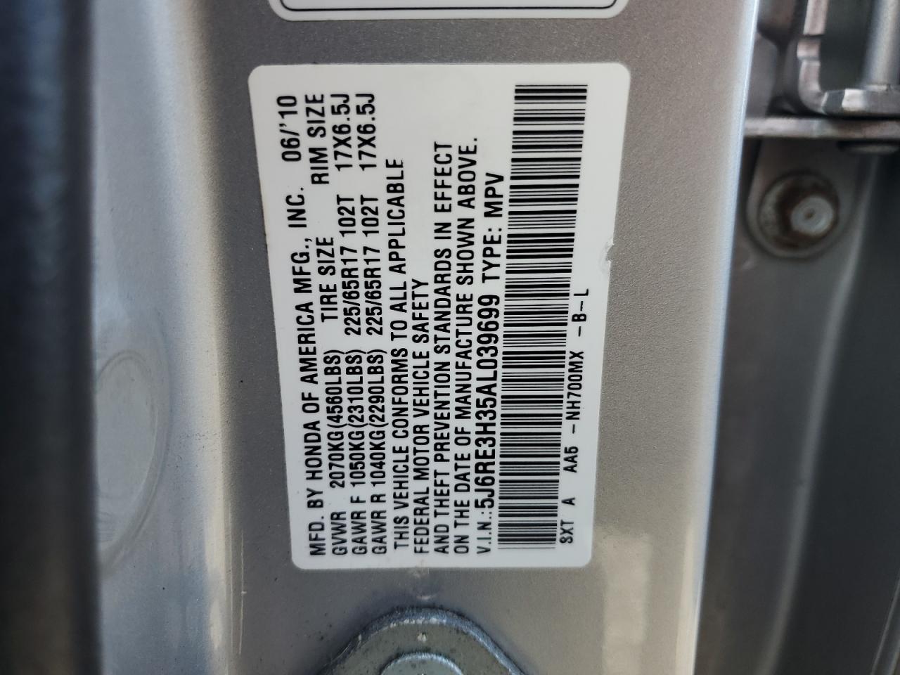 5J6RE3H35AL039699 2010 Honda Cr-V Lx