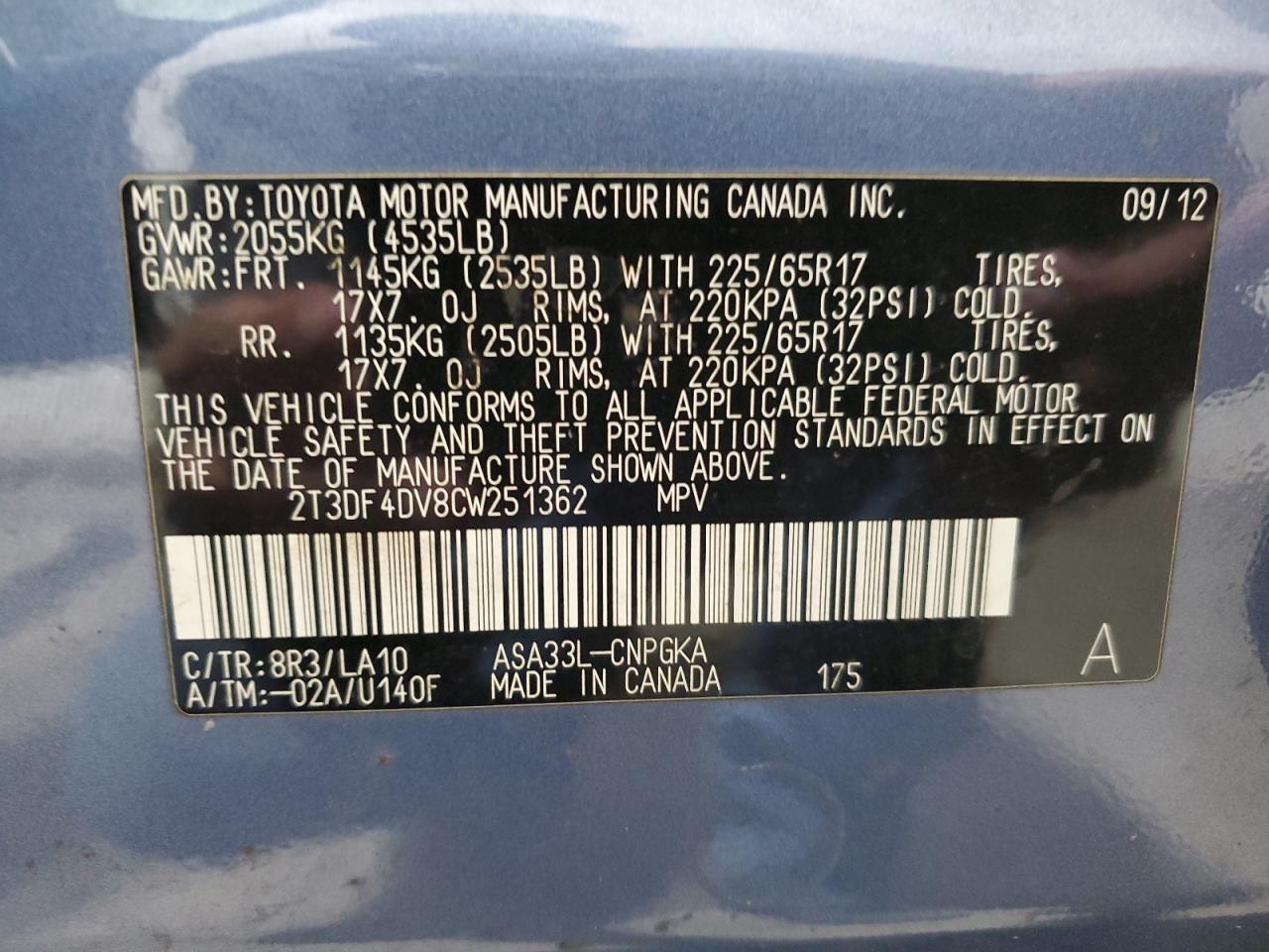 2T3DF4DV8CW251362 2012 Toyota Rav4 Limited