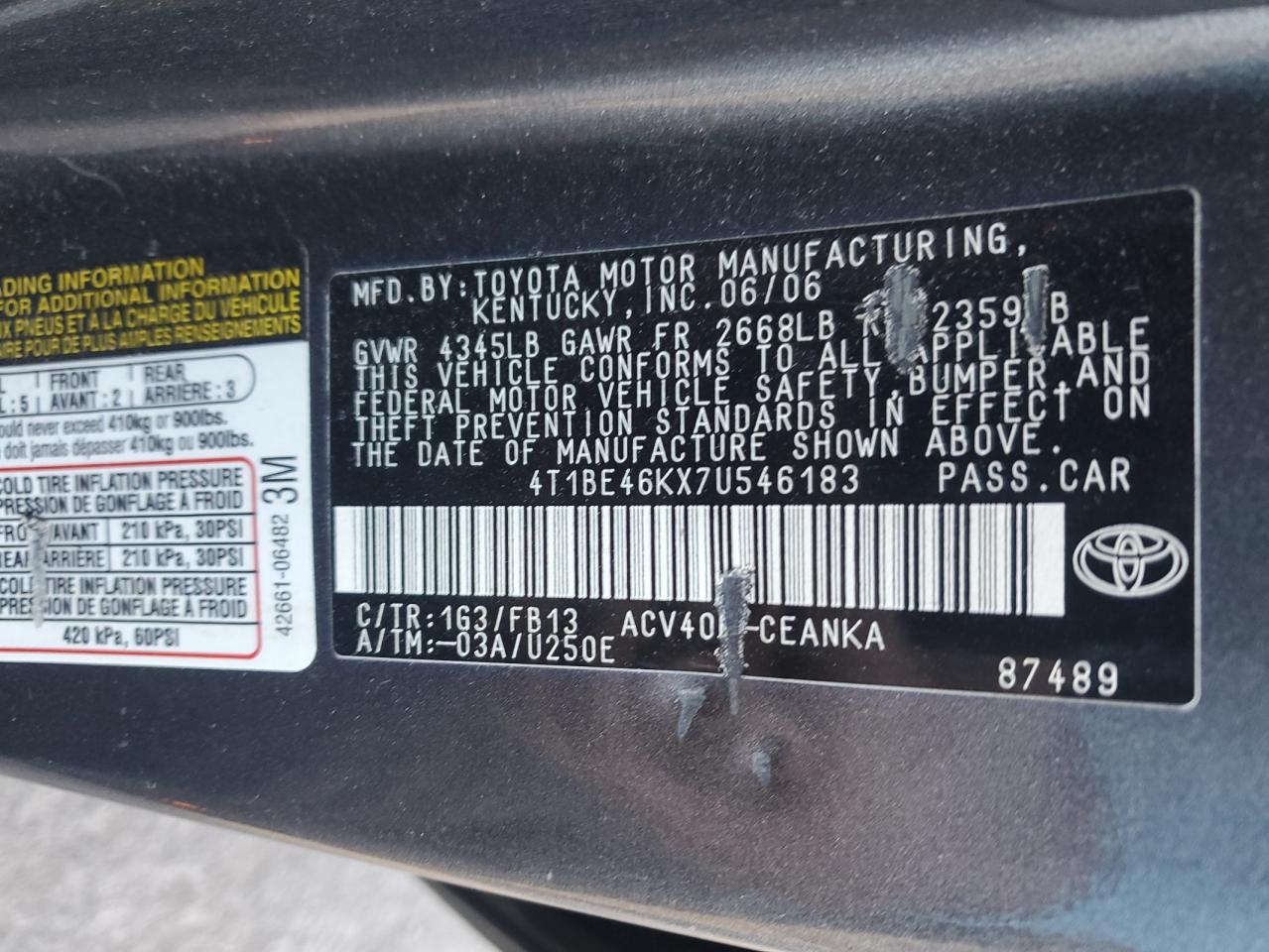 4T1BE46KX7U546183 2007 Toyota Camry Ce