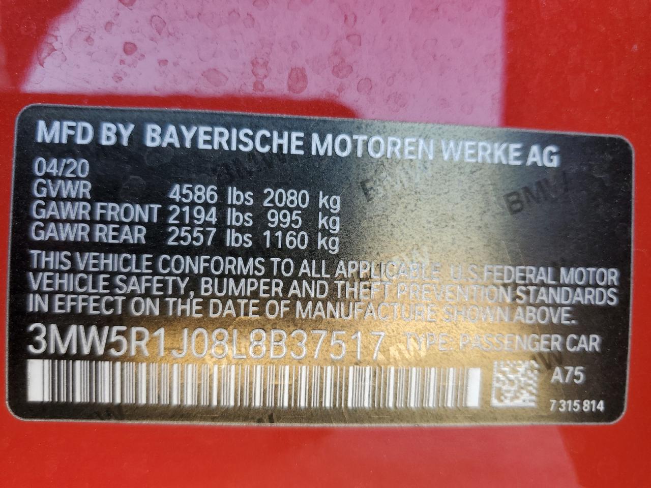 3MW5R1J08L8B37517 2020 BMW 330I