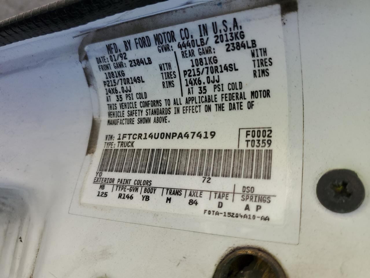 1992 Ford Ranger VIN: 1FTCR1440NPA47419 Lot: 75088244